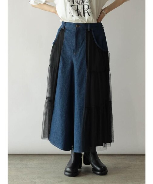 チュールドッキングデニムガウチョパンツ