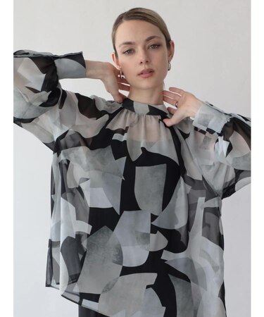 【Aga別注】 インポートプリントモックネックシアーブラウス