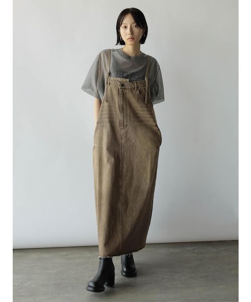 アシメフロントデニムジャンパースカート（beige,brown）