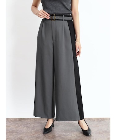 ベルト付きバイカラーワイドパンツ
