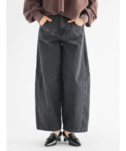 バレルレッグフリンジラインデニムパンツ