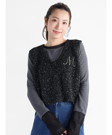 ビーズ刺繍ロゴVネックニットベスト
