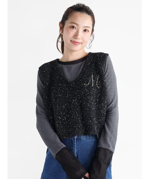 ビーズ刺繍ロゴVネックニットベスト