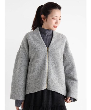Vネックウールブレンドショートコート