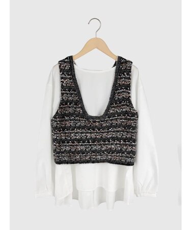 ツイード風ベスト×プリーツブラウスセット