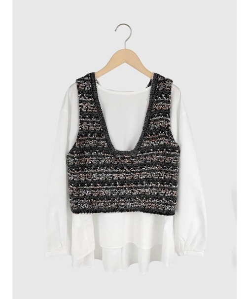 ツイード風ベスト×プリーツブラウスセット