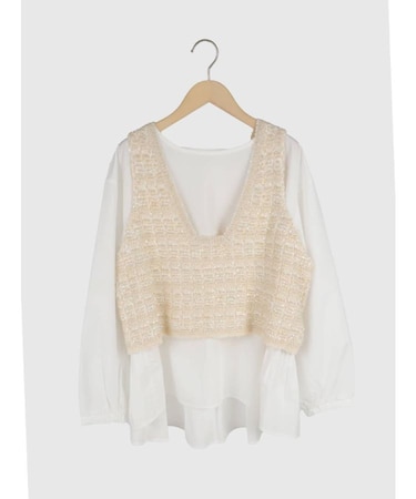 ツイード風ベスト×プリーツブラウスセット