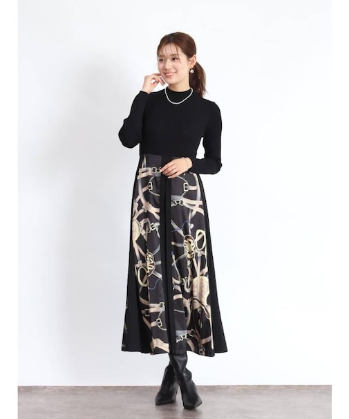 スカーフプリントドッキングワンピース