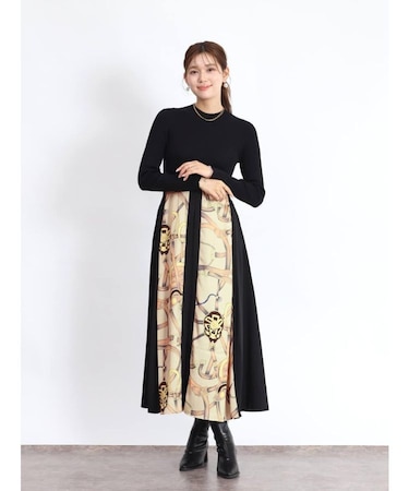 スカーフプリントドッキングワンピース