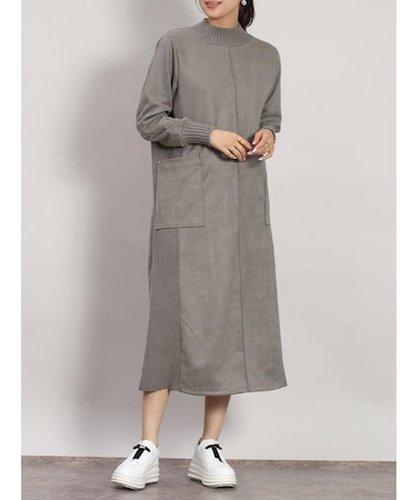 フェイクスエード×リブハイネックワンピース