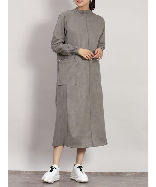 フェイクスエード×リブハイネックワンピース