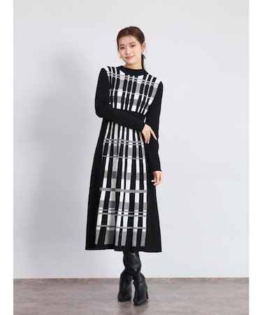 アートチェックバックリボンニットワンピ