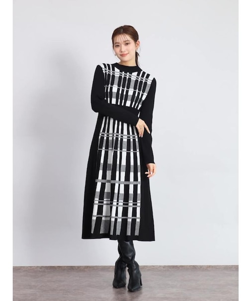 アートチェックバックリボンニットワンピ