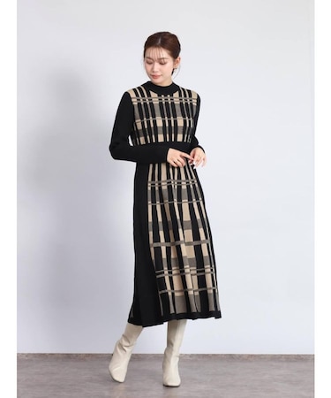 アートチェックバックリボンニットワンピ