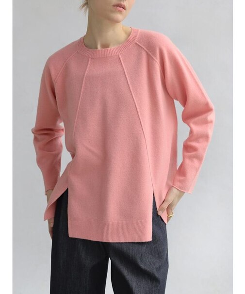 圧縮ウールフロントスリットクルーネックニット