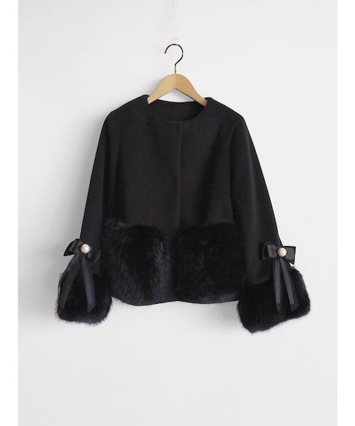 リボン袖ファーアクセントショートコート