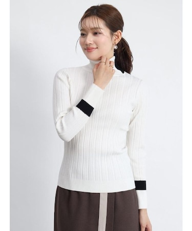 タートルネック配色リブニットトップス