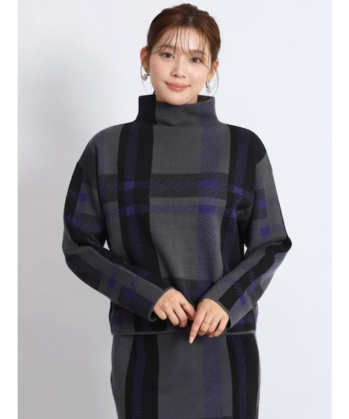 ビッグチェックボトルネックニットトップス