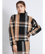 ビッグチェックボトルネックニットトップス