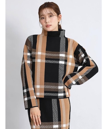 ビッグチェックボトルネックニットトップス