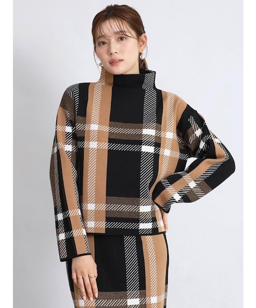 ビッグチェックボトルネックニットトップス