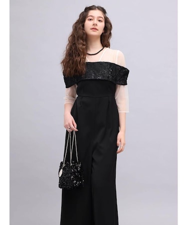 チュールオフショルダーパンツドレス