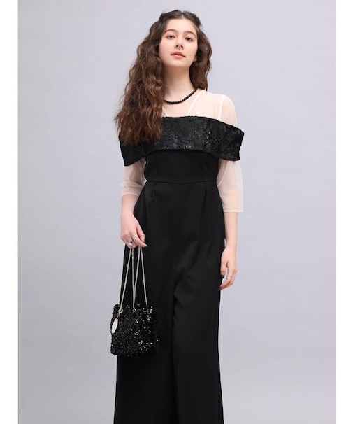 チュールオフショルダーパンツドレス