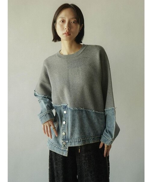 デニムドッキングアシメクルーネックニット