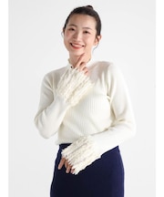 袖フリンジリブハイネックニット