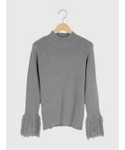 袖フリンジリブハイネックニット