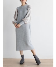 ボリュームスリーブリブニットワンピース