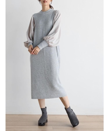 ボリュームスリーブリブニットワンピース