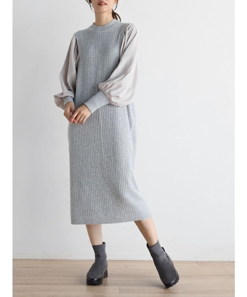ボリュームスリーブリブニットワンピース