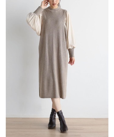 ボリュームスリーブリブニットワンピース