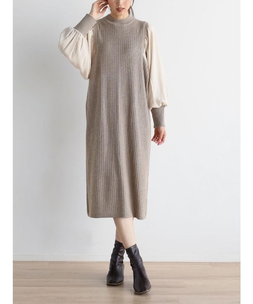 ボリュームスリーブリブニットワンピース