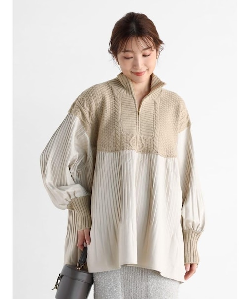 ケーブルニットドッキングプリーツブラウス