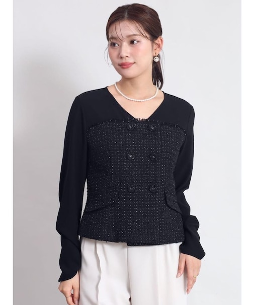 ニットツイードVネックブラウス