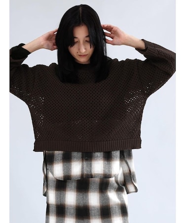オンブレチェックロンTレイヤードニットトップス