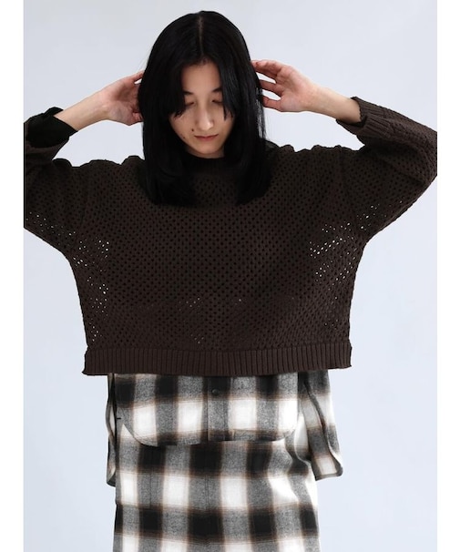 オンブレチェックロンTレイヤードニットトップス