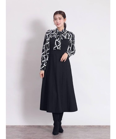 幾何学ブラウス×ニットドッキングワンピース