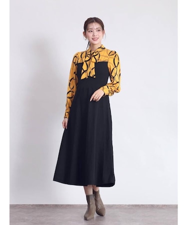 幾何学ブラウス×ニットドッキングワンピース