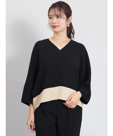 Vネック配色ドルマンプルオーバー