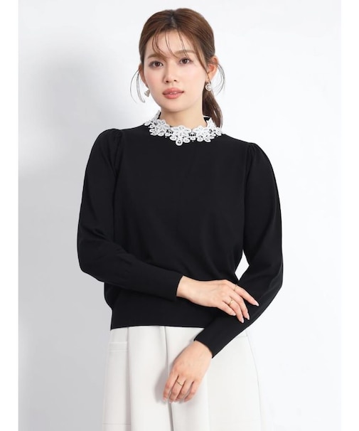 レースネックニットトップス