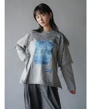 レースカラープリントレイヤードロングTシャツ