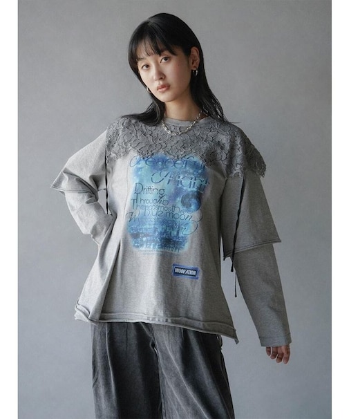 レースカラープリントレイヤードロングTシャツ