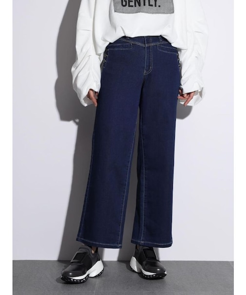 ボタンアクセントストレッチストレートデニム