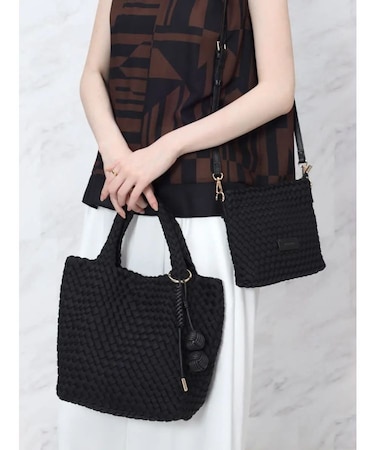 ミニポーチ付き編み込みスクエアミニトート(gray・black)
