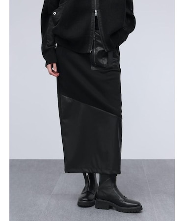 フェイクレザー切り替えナロースウェットスカート