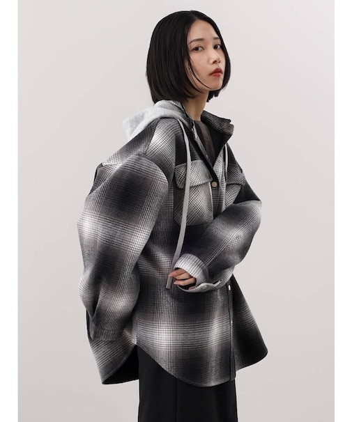フード付きオンブレチェックシャツジャケット