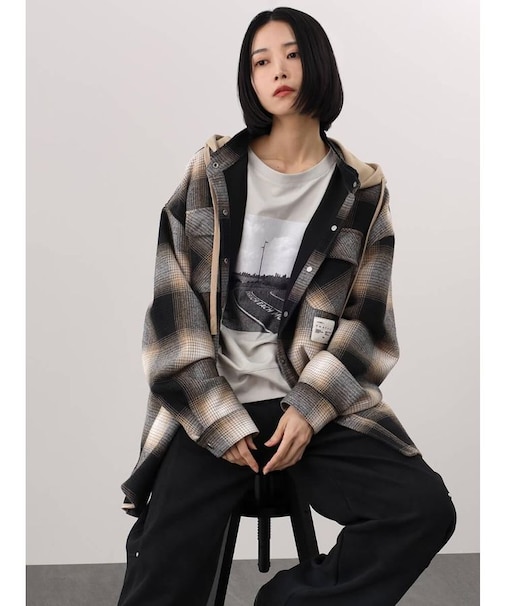 フード付きオンブレチェックシャツジャケット